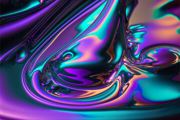 Ultraviolet holographic foil texture, liquid surface, ripples, metallic reflection. Generative Ai.