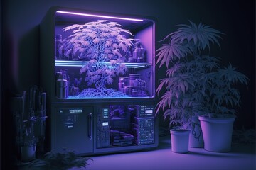  a plant is growing in a purple lit grower in a dark room next to a potted plant and a potted plant on a table.  generative ai
