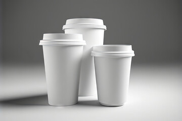  a group of three white coffee cups sitting next to each other on a gray background with a shadow from the cup to the bottom of the cup.  generative ai