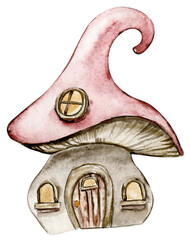 Watercolor cartoon fairy tale mushroom house with wooden door. Watercolor hand draw fairy tale illustration. Illustartion with white isolated background. Perfect for greeting card, poster.