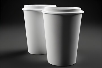  two white coffee cups sitting next to each other on a black surface with a shadow on the ground and a black background with a shadow on the bottom.  generative ai
