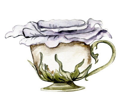 Watercolor illustration with flower in cup. Hand drawn element. Forest cute mushroom isolated on white. Cute hand painted fairy tale illustration for greeting cards, prints, post cards and souvenirs. 