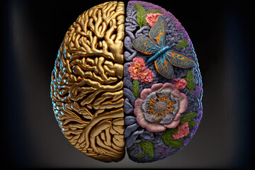 Left and right human brain. The right creative hemisphere and the left logical hemisphere. Generative Ai - obrazy, fototapety, plakaty