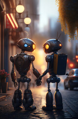 Pour la Saint Valentin, deux robots amoureux ont rendez-vous en ville, main dans la main, rendu 3d, IA générative - obrazy, fototapety, plakaty