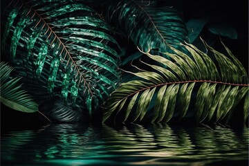  a green leaf is reflected in the water of a pond in the dark night with green leaves in the foreground and a dark green background.  generative ai