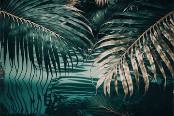  a palm leaf wallpaper with a blue background and a green background with a gold foiled palm leaf pattern on the left side of the wall.  generative ai