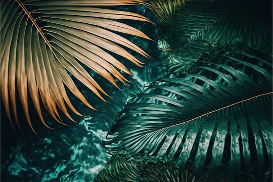  a close up of a palm leaf on a green background with a blue sky in the background and a gold leaf on the left side of the image.  generative ai