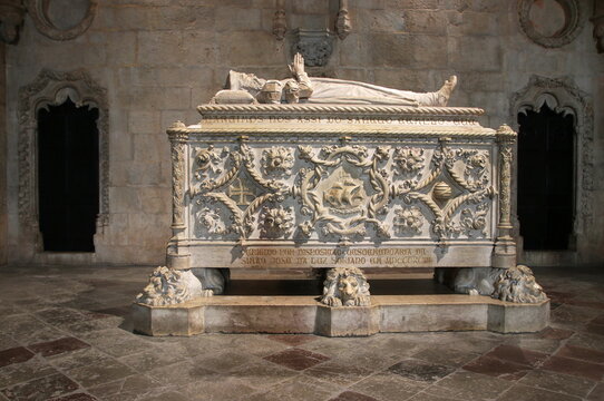 The tomb of Vasco Da Gama in the Jeronimos monastery Portugal.