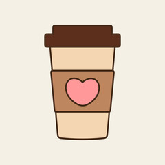 Delicious coffee paper cup icon with pink heart. Drink vector illustration design