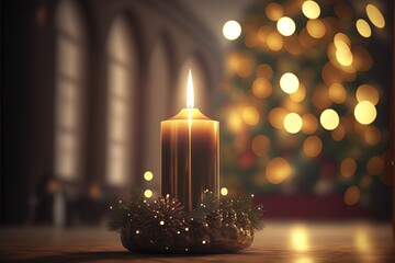  a lit candle sitting on top of a table next to a christmas tree in a room with lights on the walls and a christmas tree in the background.  generative ai