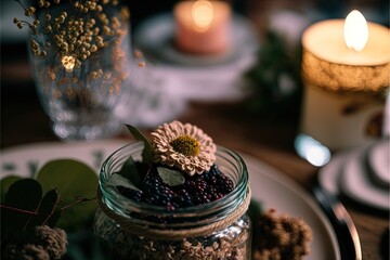  a glass jar filled with berries and a flower on a plate next to a candle and a candle holder with a flower in it on a table.  generative ai - obrazy, fototapety, plakaty