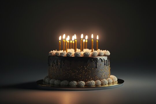  a birthday cake with lit candles on a black table with a black background and a black background with a gold border around the cake and the candles.  generative ai