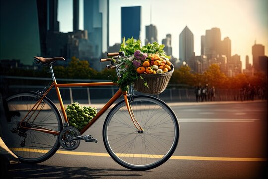  a bicycle with a basket full of fruit on the back of it on a city street with tall buildings in the background, with the sun shining on the ground.  generative ai