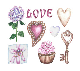 Watercolor set .Hearts,  inscription, , cupcake highlighted on a white background. Illustrations for a wedding, Valentine's Day.