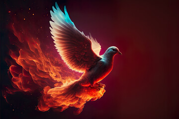 Pentecost Sunday. Pentecost background with flying dove and fire. Created by Generative Al.
