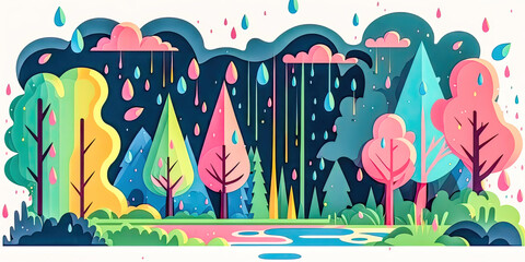 Abstrakter Wald im Regen im Frühling Digital Art Hintergrund Background Card Karte Illustration Muster 2D Generative AI Kunst