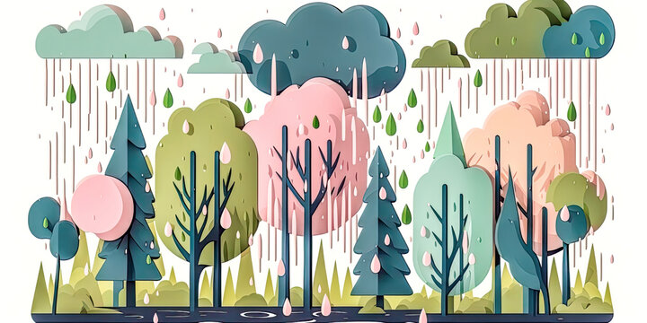 Abstrakter Wald im Regen im Frühling Digital Art Hintergrund Background Card Karte Illustration Muster 2D Generative AI Kunst