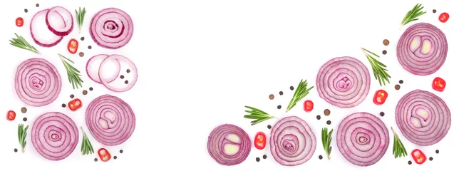 Fotobehang Bloemen Sliced red onion with rosemary and peppercorns isolated on white background with copy space for your text. Top view