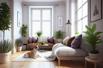 Hund liegt in einem modernen Wohnzimmer auf der Couch - Generative Ai