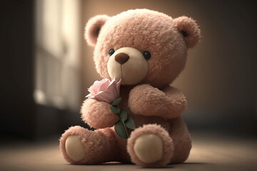Fototapeta premium Cute teddy bear holding a rose with Generative AI technology