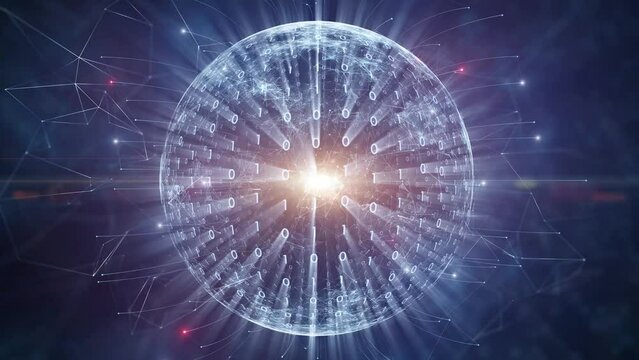 Digital shiny binary code sphere network animation. Seamless looping background.
