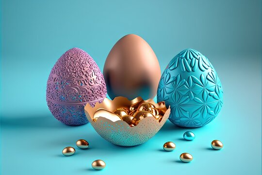  a group of three eggs sitting next to each other on a blue surface with gold balls around them and a blue background with gold balls.  generative ai