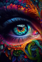 Fototapeta premium The Vibrant and Psychotropic Colors of a Psychedelic Eye's Pupil in Macro. Generative ai