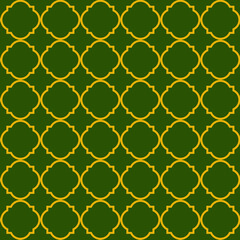 Seamless background of geometric islamic trellis pattern in green with yellow outline. Decorative morocco geometric pattern/ quatrefoil background.