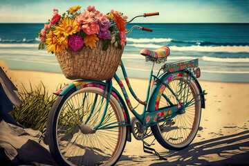 Fototapeta na wymiar a blue bicycle with a basket of flowers on the front parked on a beach with the ocean in the backgrouund and a blue sky with clouds. generative ai