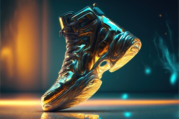  a pair of sneakers with a blue and yellow design on the side of the shoe, with a blue and yellow background and a yellow glow.  generative ai