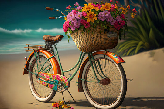  a painting of a bicycle with a basket of flowers on the back of it on a beach near the ocean and a palm tree with a blue sky background.  generative ai