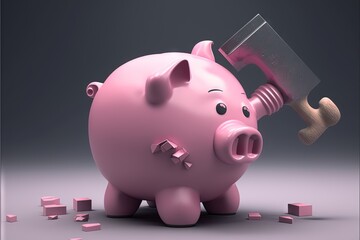  a pink piggy bank with a hammer stuck in it's head and a block of pink cubes surrounding it and a hammer stuck in the piggy bank.  generative ai