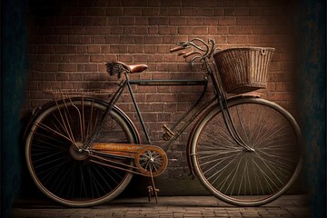 Fototapeta na wymiar a bicycle parked against a brick wall with a basket on the front of it's front wheel and a basket on the back of the front wheel. generative ai