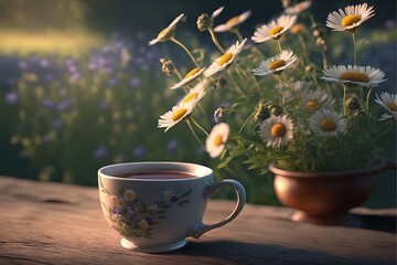 Obraz na płótnie Canvas a cup of tea with daisies on a table in front of a field of wildflowers and a vase of daisies in the background. generative ai