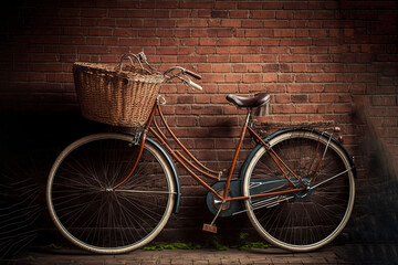 Fototapeta na wymiar a bicycle parked next to a brick wall with a basket on the back of it's front wheel and a basket on the front of the back of the bike. generative ai