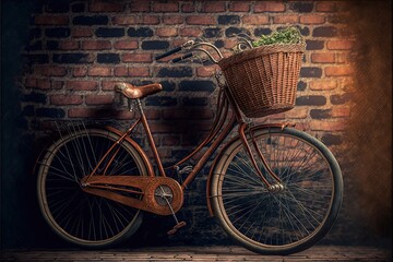 Fototapeta na wymiar a bicycle with a basket on the front parked against a brick wall with a lamp on top of the basket and a brick wall behind it. generative ai