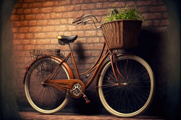 a bicycle with a basket on the front parked against a brick wall with a plant in the basket on the front of the bike and a brick wall behind it.  generative ai