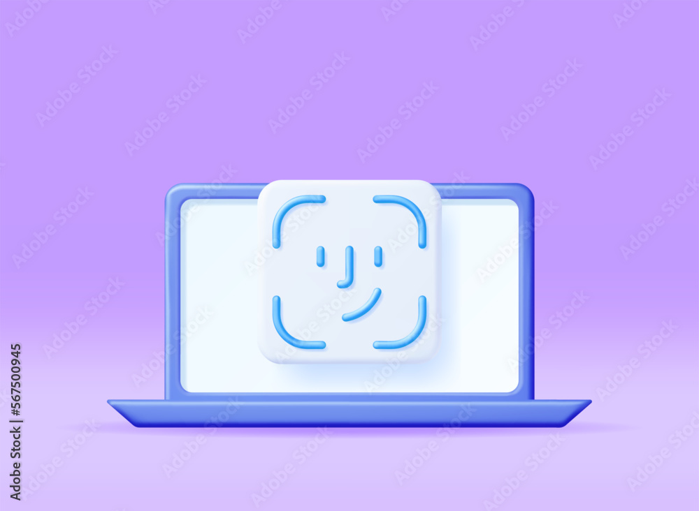 Poster 3d face recognition icon on laptop isolated. render notebook with biometric face id recognition. unl
