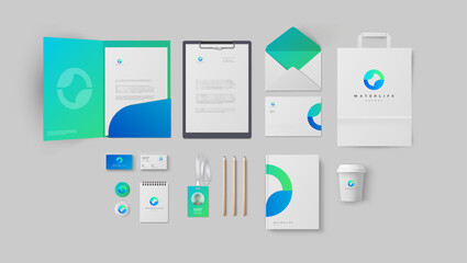 Corporate identity design in blue and green colors for modern agency or health clinic. Pure light branding style with business cards and folder, envelope and A4 form. Realistic vector template set.