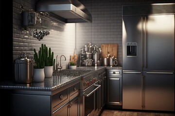  a kitchen with stainless steel appliances and a cactus in a pot on the counter top of the counter top, and a pot of cacti in the middle of the counter.  generative ai