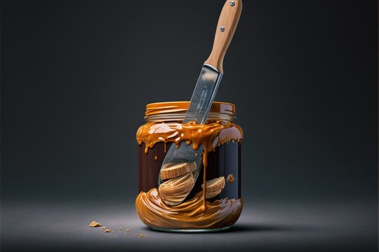  a paint can with a knife sticking out of the top of the jar of orange paint with a spatula sticking out of the top of the jar.  generative ai