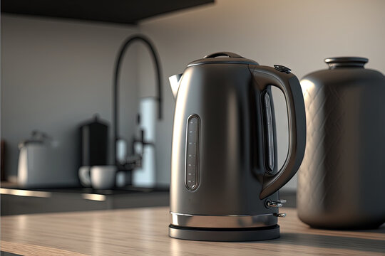  a black tea kettle sitting on top of a wooden counter next to a jug of water and a kettle of water on a countertop.  generative ai