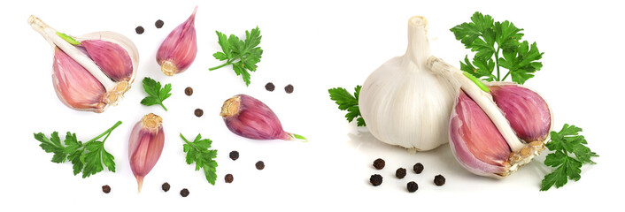 garlic with peppercorns and parsley leaves isolated on white background. Top view. Flat lay pattern