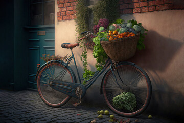 Fototapeta na wymiar a painting of a bicycle with a basket full of vegetables on the front of it, next to a brick building with a door and window. generative ai