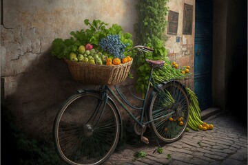  a painting of a bicycle with a basket full of fruit on the front of it, parked next to a building with a blue door.  generative ai