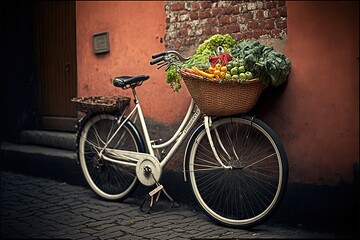 Fototapeta na wymiar a bicycle with a basket of vegetables on the front of it parked next to a building on a cobblestone street in front of a brick wall. generative ai