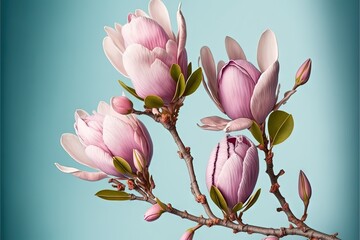  a branch with pink flowers and green leaves on a light blue background with a blue sky in the back ground and a light blue sky in the background.  generative ai