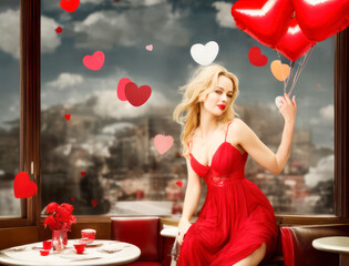 Girl stands in a restaurant table, ready for a romantic Valentine's Day date
