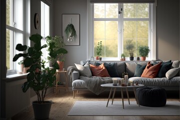  a living room with a couch, table, and potted plants on the window sill and a rug on the floor in front of the room.  generative ai