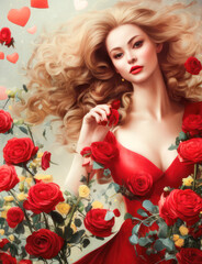 Woman with flowing blonde hair surrounded by red roses and hearts